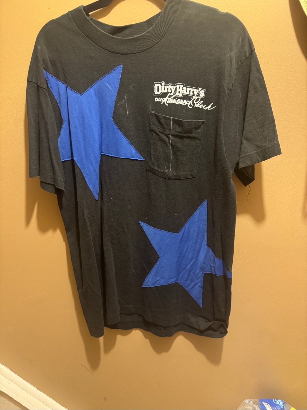 Black Short-Sleeve Pocket Tee with Blue Star Prints